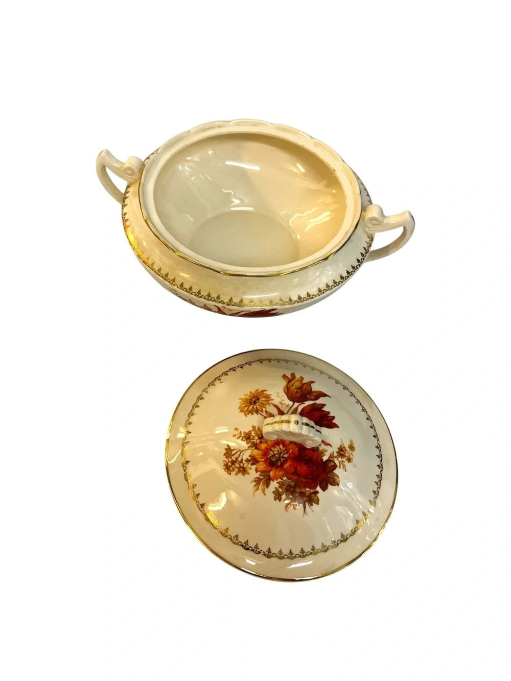 VTG Crooksville China Co Soup Tureen Covered Casserole Dish Ivory Gold Floral